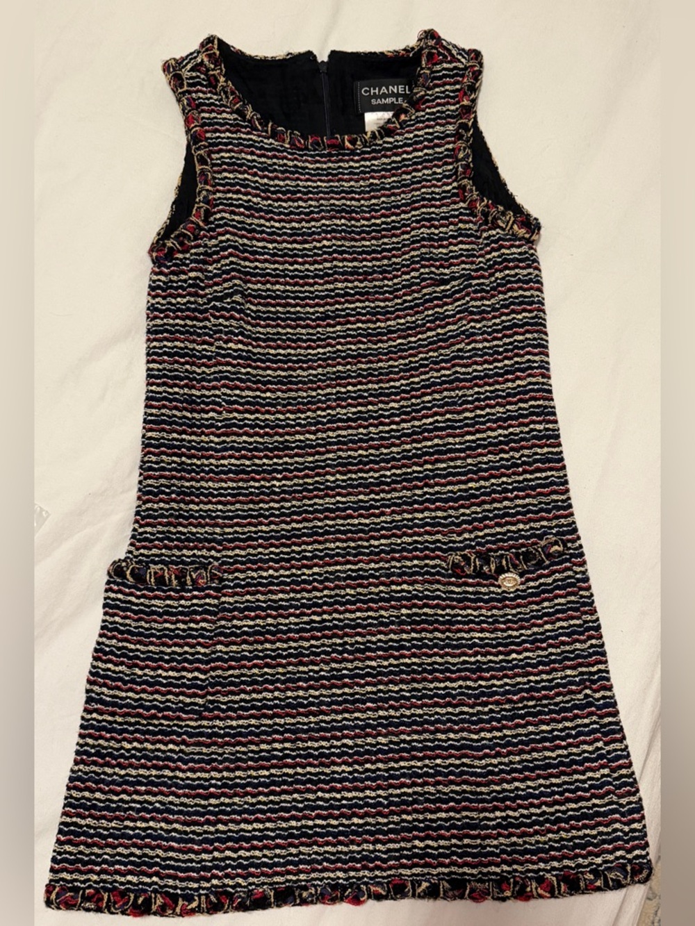 Chanel Sample Tweed Dress 38 Navy Cream Red CC Button Fringe